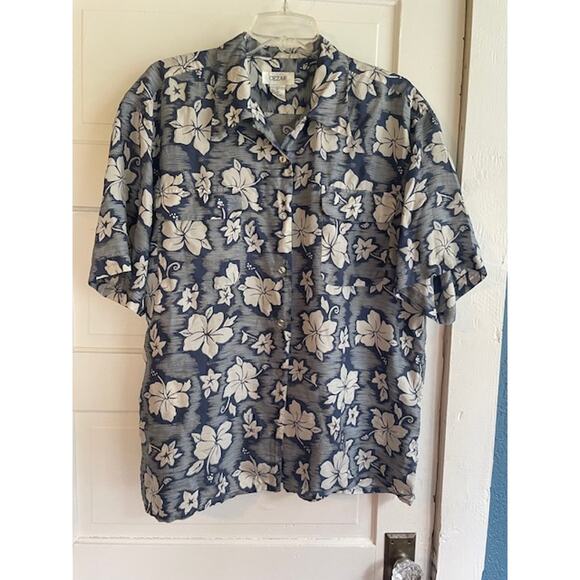 Cezar Size Large 100% Silk Short Sleeve Button Front Hawaiian Shirt Blue & White - Picture 1 of 5